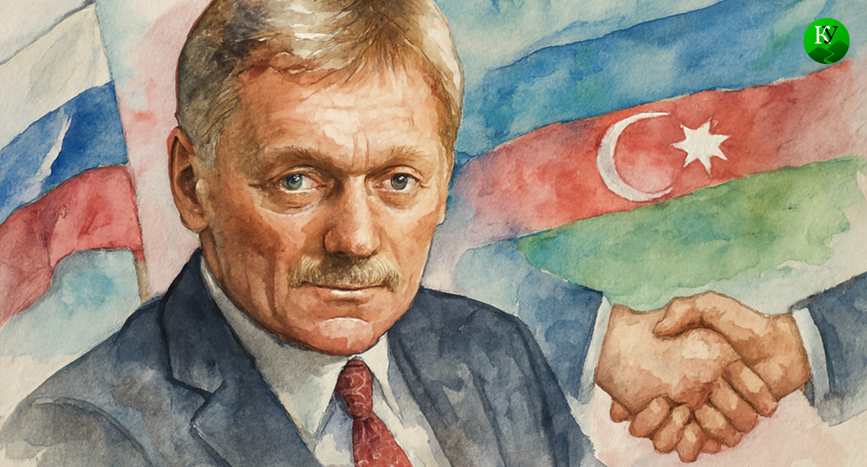 Песков и флаги России и Азербайджана. Иллюстрация создана «Кавказским узлом» с помощью ИИ в программе Copilot