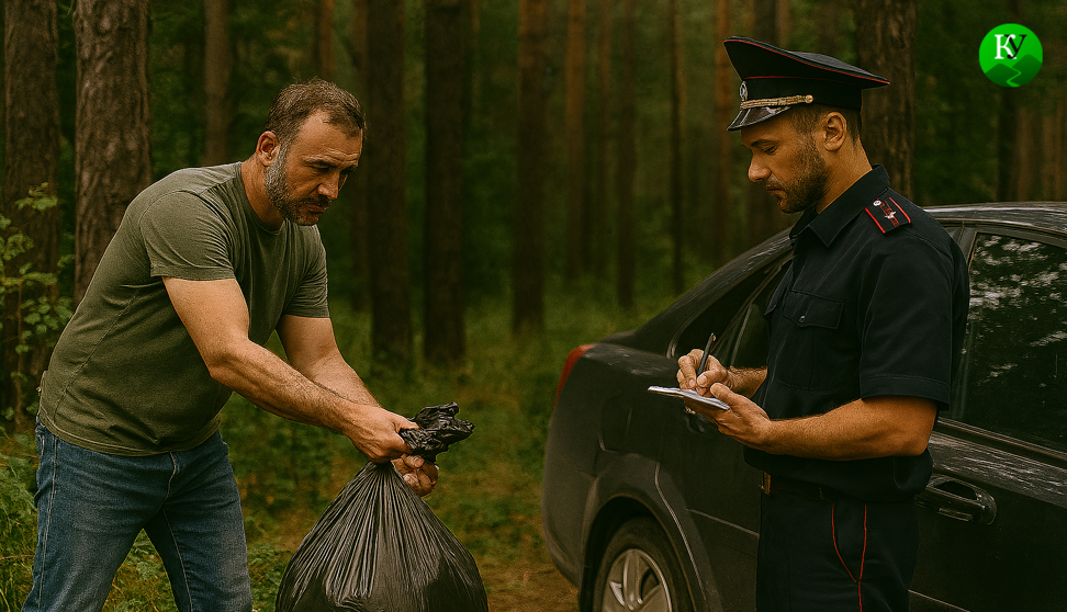 Сотрудник полиции составляет протокол на выбрасывающего мусор мужчину. Изображение создано "Кавказским узлом" при помощи ИИ в программе Copilot.