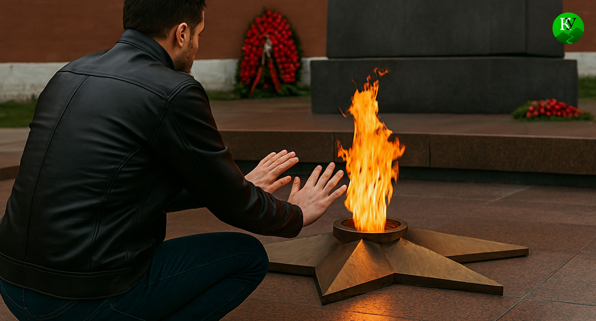 Мужчина греется у Вечного огня. Иллюстрация создана «Кавказским узлом» с помощью ИИ в программе Copilot