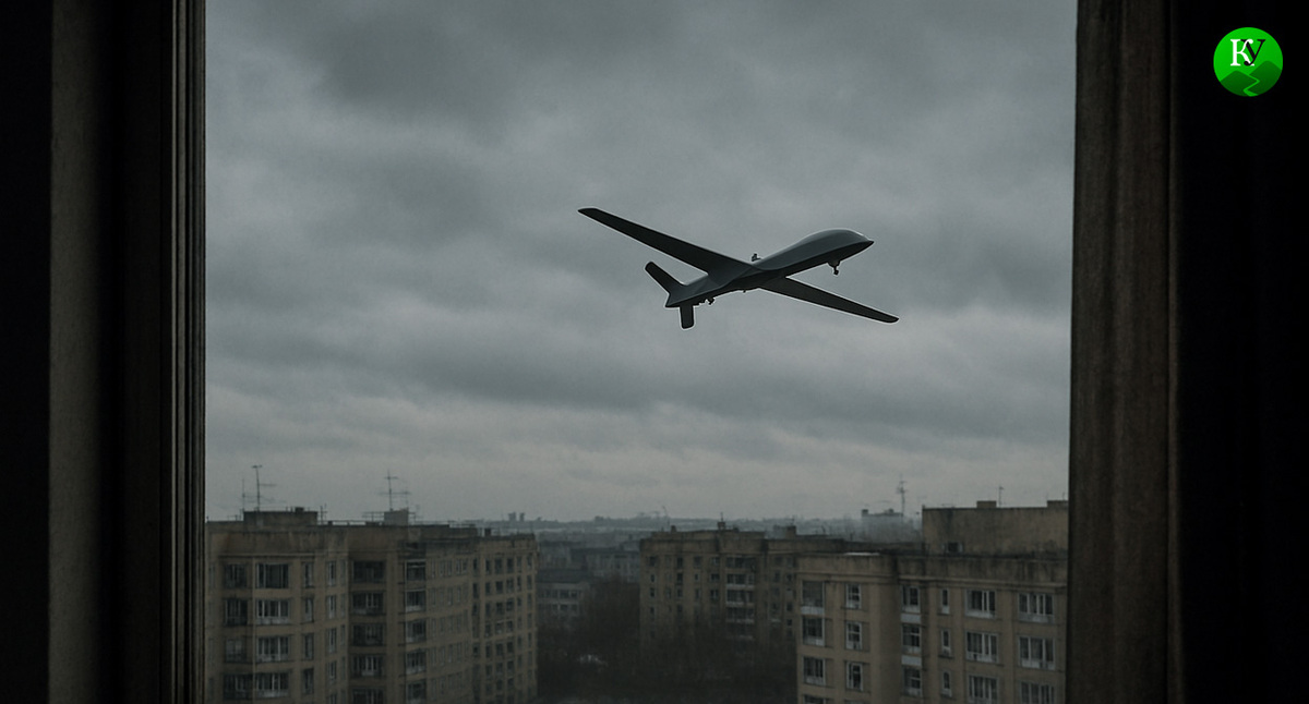 БПЛА над городом. Иллюстрация создана «Кавказским узлом» с помощью ИИ в программе Copilot