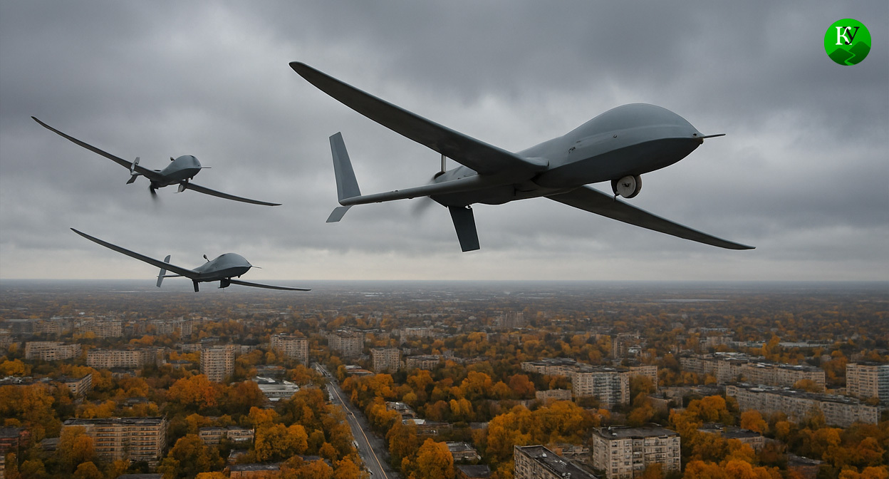 БПЛА над городом. Иллюстрация создана «Кавказским узлом» с помощью ИИ в программе Copilot