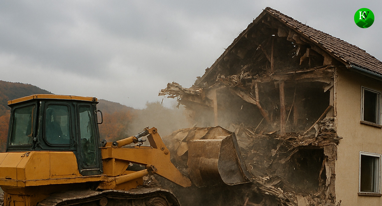 Снос коттеджа. Иллюстрация создана «Кавказским узлом» с помощью ИИ в программе Copilot