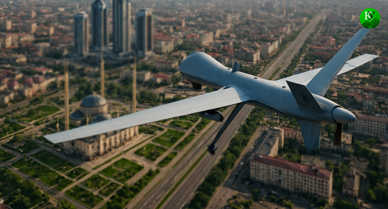 Беспилотник над городом. Иллюстрация "Кавказского узла", созданная при помощи ИИ в программе Copilot