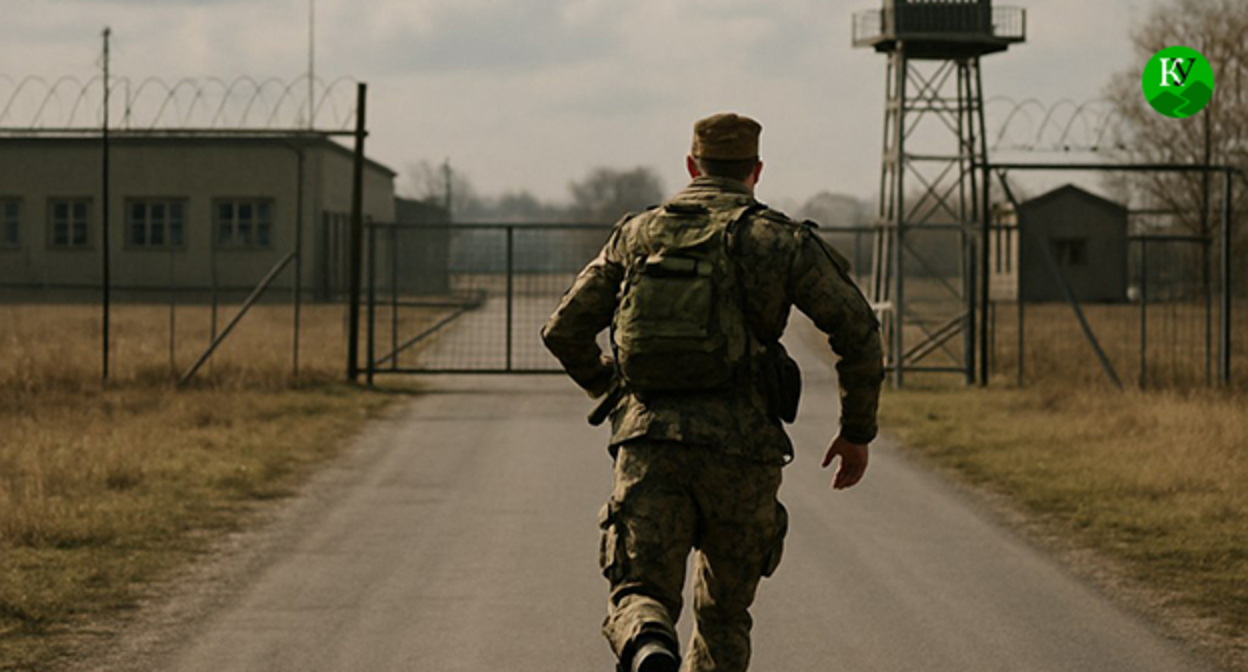 Военный убегает из части. Иллюстрация "Кавказского узла" созданная ИИ при помощи программы Copilot