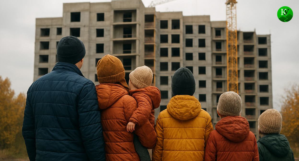 Многодетная семья на фоне стройки. Иллюстрация создана «Кавказским узлом» с помощью ИИ в программе Copilot