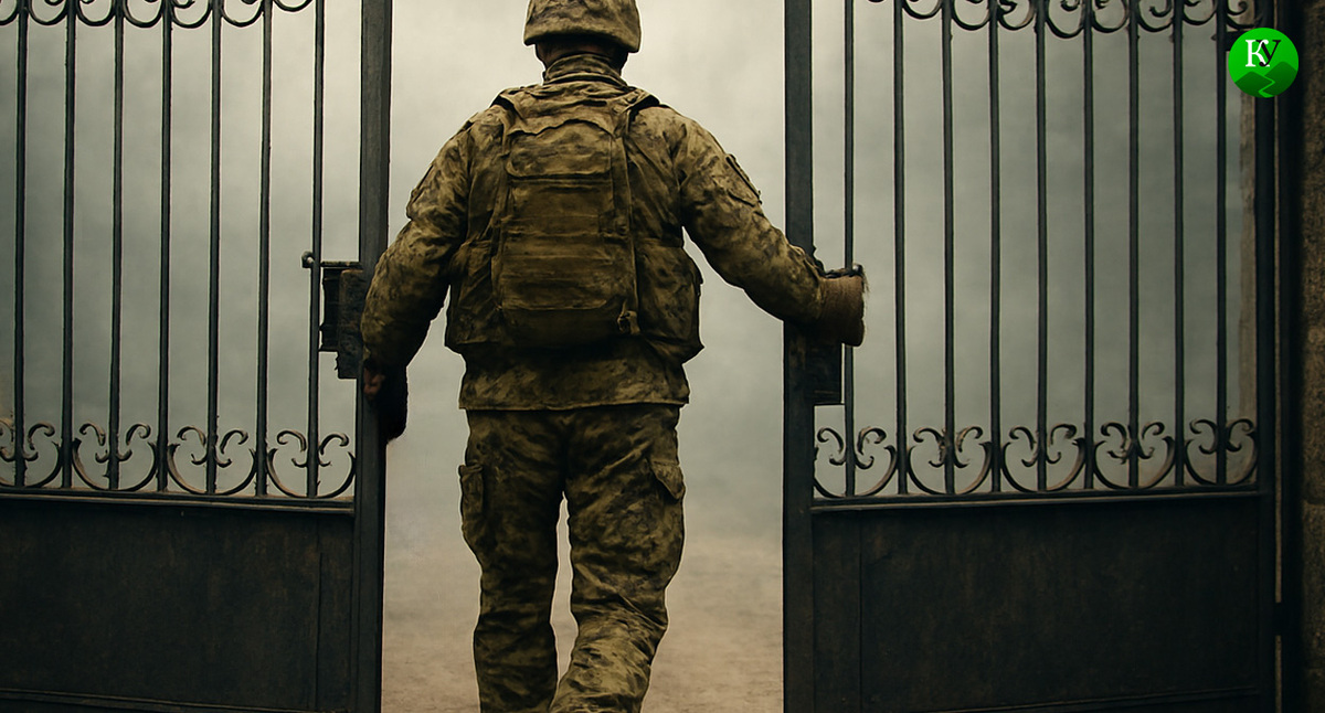 Военный покидает часть. Иллюстрация создана «Кавказским узлом» с помощью ИИ в программе Copilot
