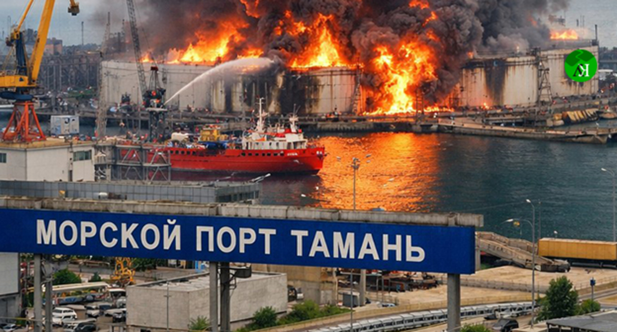 Пожар в порту Тамани. Иллюстрация создана "Кавказским узлом" при помощи ИИ в программе Copilot