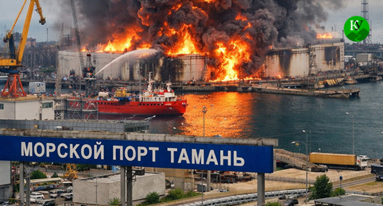 Пожар в порту Тамани. Иллюстрация создана "Кавказским узлом" при помощи ИИ в программе Copilot