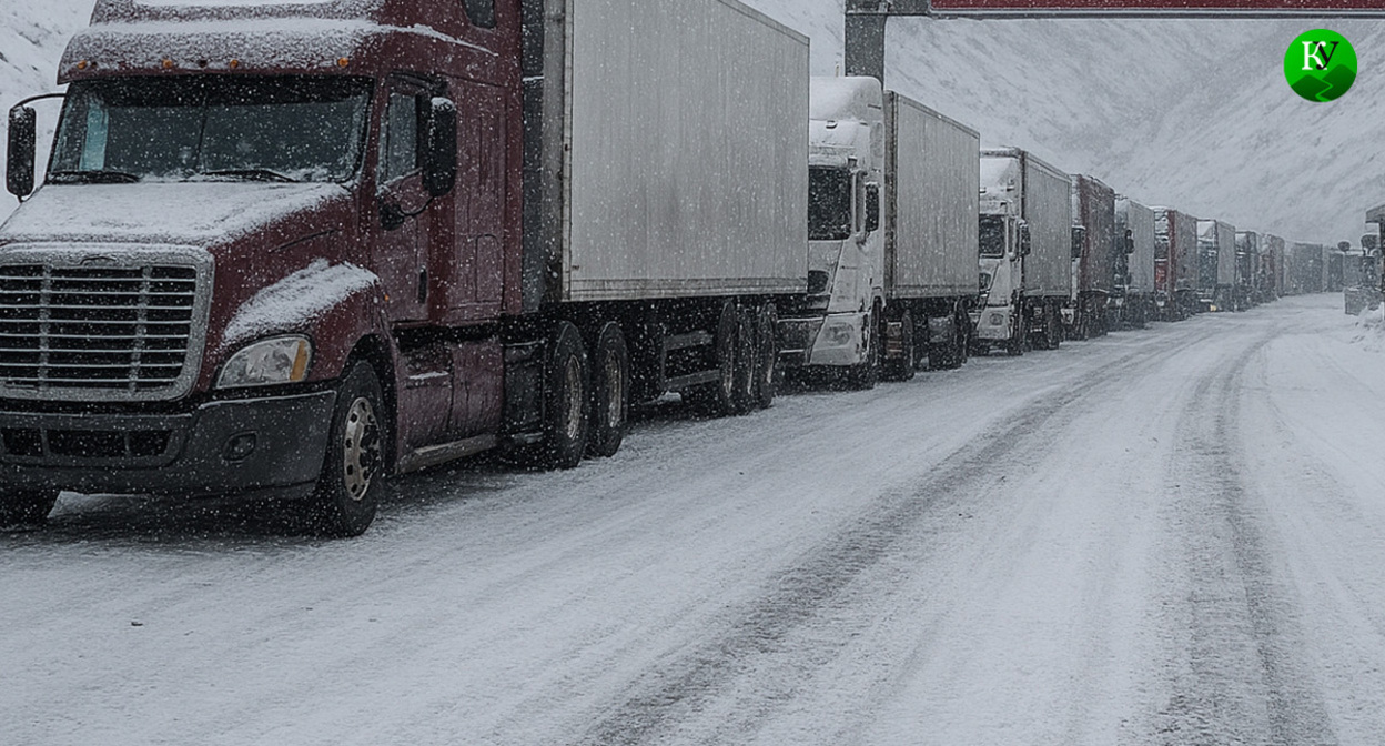 Грузовики в очереди. Иллюстрация создана «Кавказским узлом» с помощью ИИ в программе Copilot