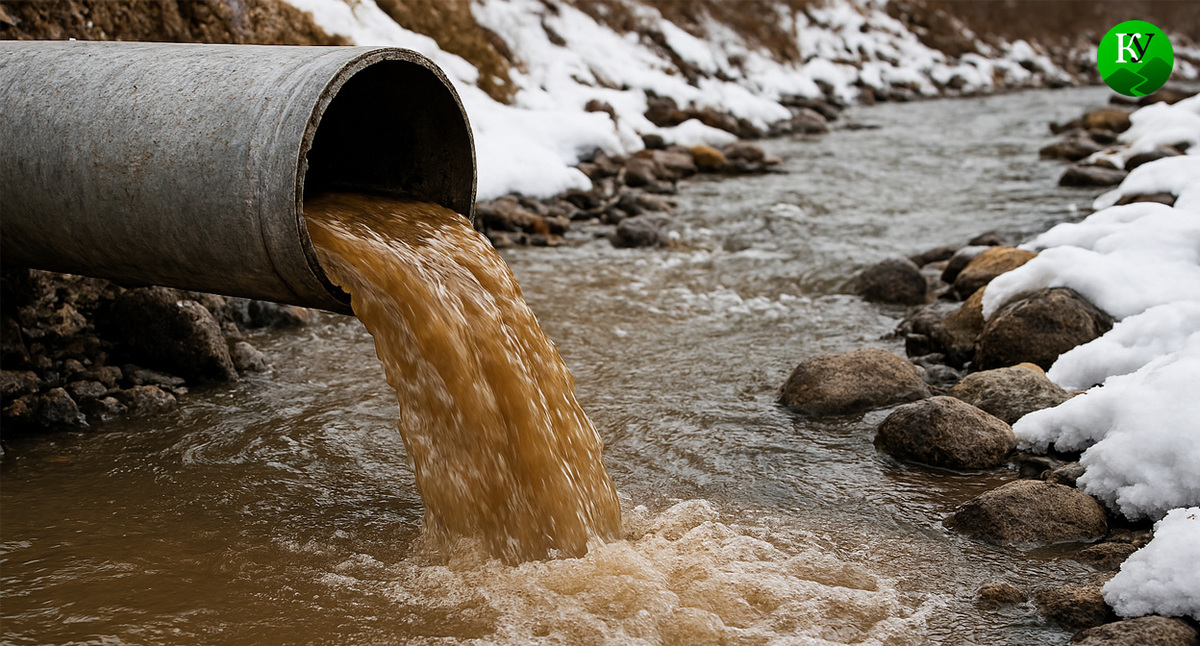 Слив загрязненной воды в реку. Иллюстрация создана «Кавказским узлом» с помощью ИИ в программе Copilot