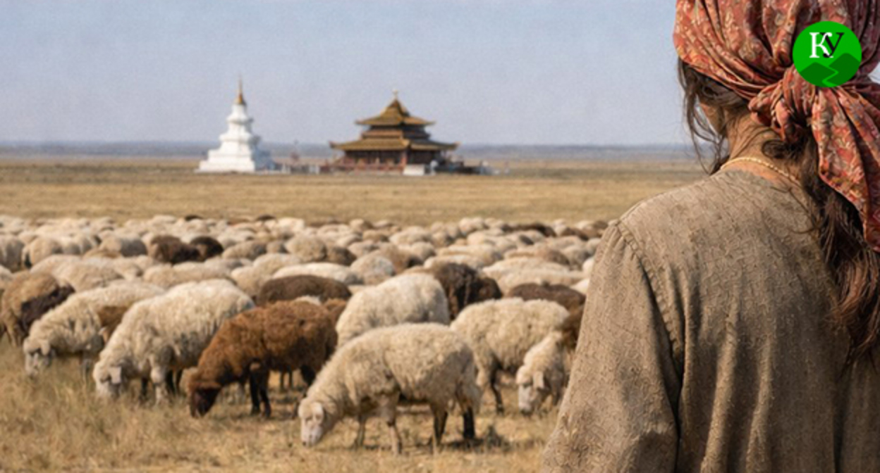 Женщина пасет овец. Иллюстрация создана ИИ при помощи программы Copilot