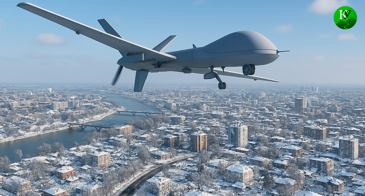 БПЛА над городом. Иллюстрация создана «Кавказским узлом» с помощью ИИ в программе Copilot