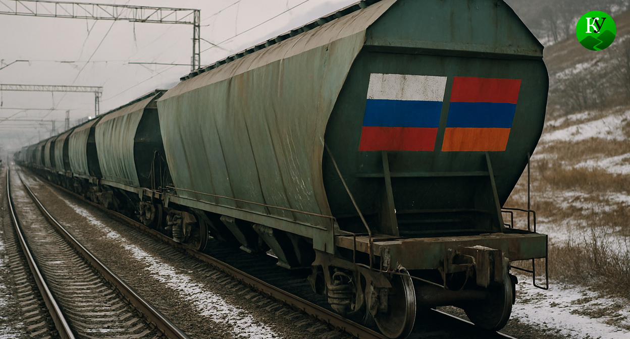 Поезд с зерном. Иллюстрация создана «Кавказским узлом» с помощью ИИ в программе Copilot