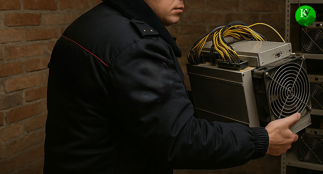 Полицейский и оборудование  майнинг-фермы. Иллюстрация создана «Кавказским узлом» с помощью ИИ в программе Copilot 