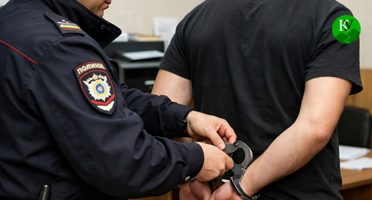 Сотрудник полиции одевает наручники на мужчину. Иллюстрация создана "Кавказским узлом" при помощи ИИ в программе Copilot