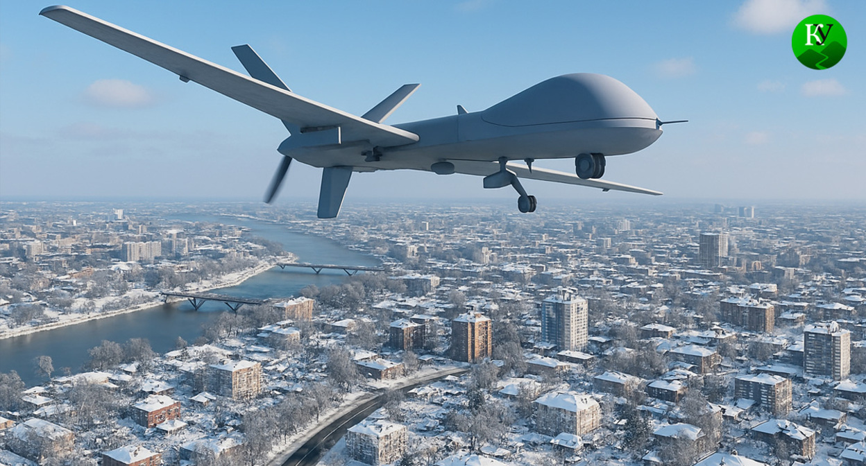 Беспилотник над городом. Иллюстрация создана «Кавказским узлом» с помощью ИИ в программе Copilot
