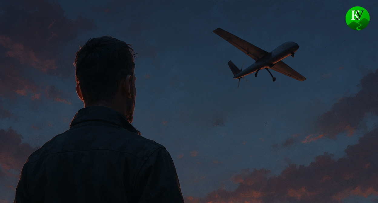 БПЛА в небе и очевидец. Иллюстрация создана «Кавказским узлом» с помощью ИИ в программе Copilot