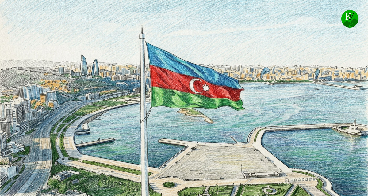 Флаг Азербайджана на фоне Баку. Иллюстрация создана "Кавказским узлом" при помощи ИИ в программе Copilot