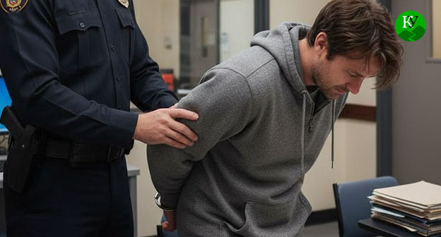 Сотрудник полиции арестовывает мужчину. Иллюстрация создана "Кавказским узлом" при помощи ИИ в программе Copilot