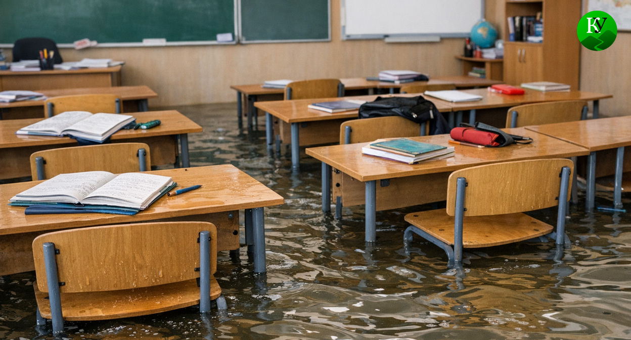 Затопление в школе. Иллюстрация создана «Кавказским узлом» с помощью ИИ в программе Copilot
