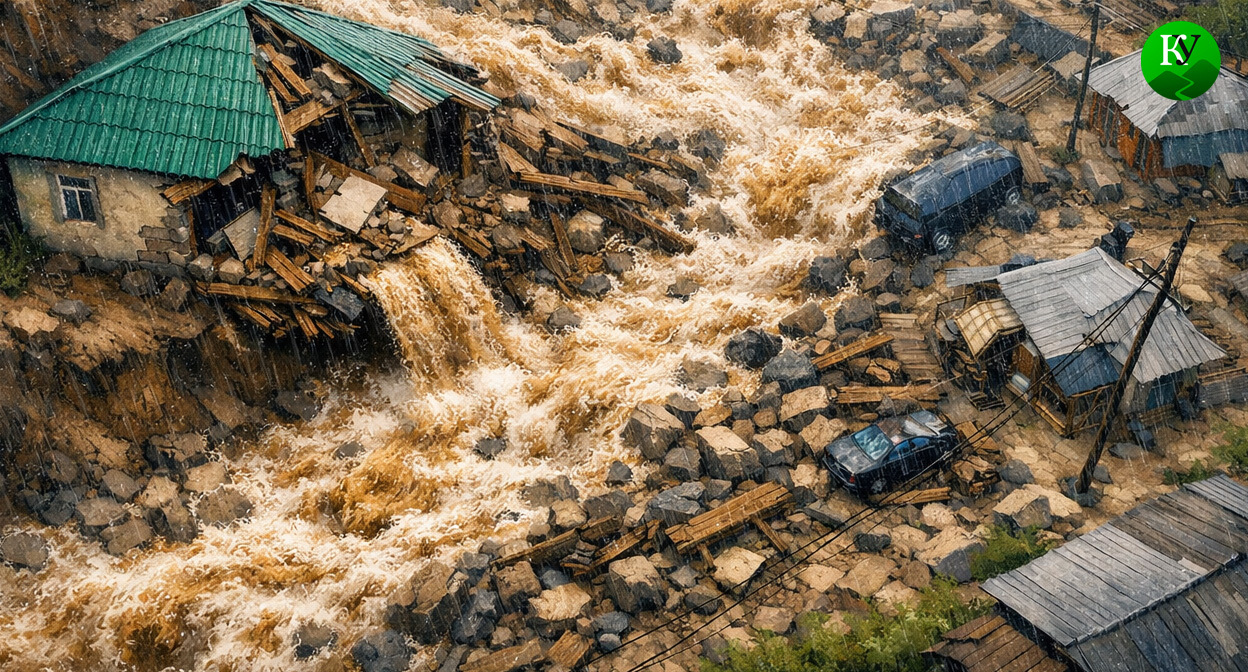 Потоп в горном селе. Иллюстрация создана "Кавказским узлом" с помощью ИИ в программе Copilot