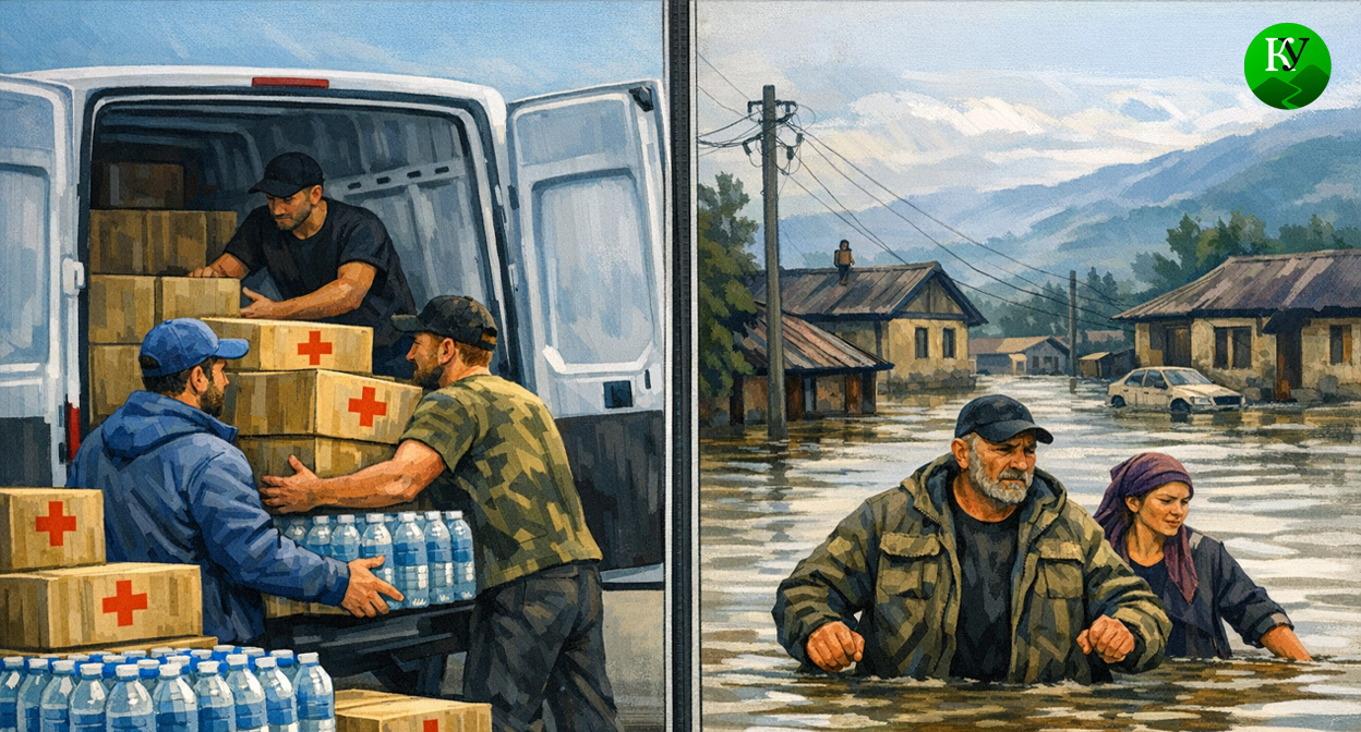 Сбор гуманитарной помощи и затопленное село. Иллюстрация создана «Кавказским узлом» с помощью ИИ в программе Copilot Сбор гуманитарной помощи и затопленное село. Иллюстрация создана «Кавказским узлом» с помощью ИИ в программе Copilot