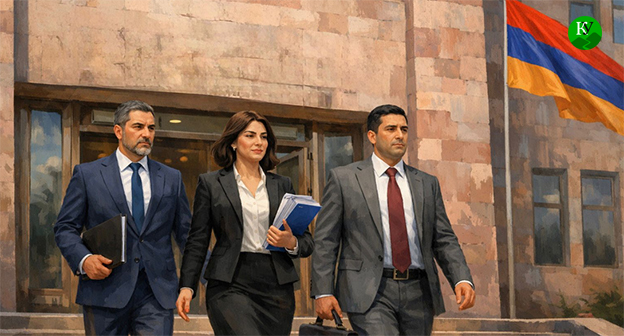 Люди возле ЦИК Армении. Иллюстрация создана "Кавказским узлом" при помощи ИИ в программе Copilot