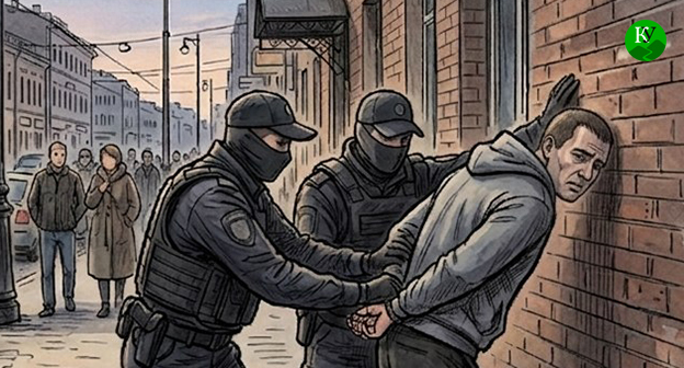 Сотрудники правоохранительных органов задерживают мужчину. Иллюстрация создана "Кавказским узлом" при помощи ИИ в программе Copilot