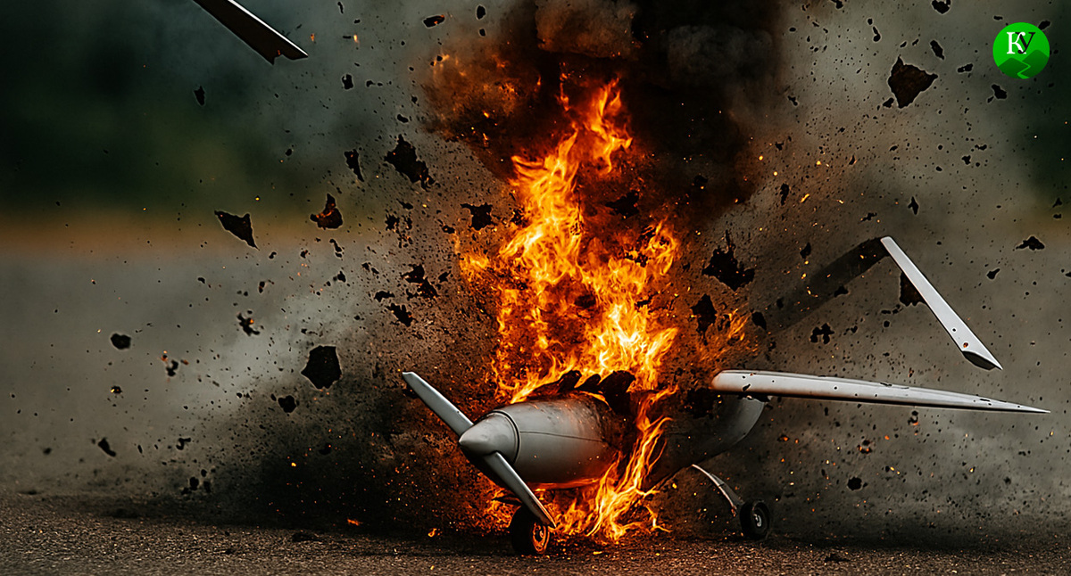 БПЛА горит. Иллюстрация создана «Кавказским узлом» с помощью ИИ в программе Copilot