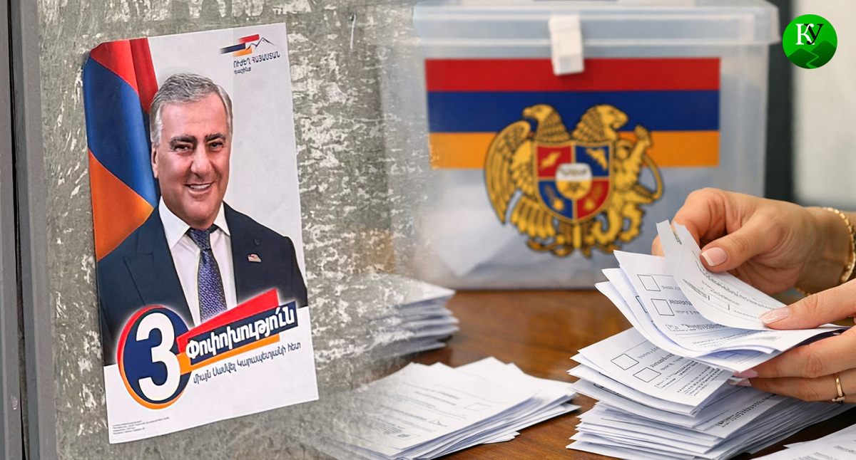 Плакат "Сильной Армении" и подсчет голосов. Коллаж создан «Кавказским узлом». Фото "Кавказского Узла". Плакат "Сильной Армении" и подсчет голосов. Коллаж создан «Кавказским узлом». Фото "Кавказского Узла".