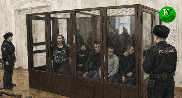 Подозреваемые в зале суда. Иллюстрация создана "Кавказским узлом" при помощи ИИ в программе Copilot