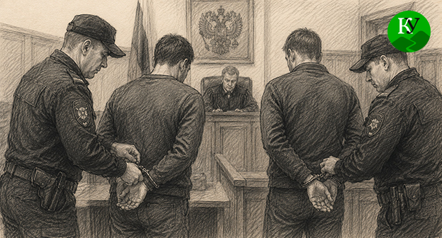 Арестованные мужчины в зале суда. Иллюстрация создана "Кавказским узлом" при помощи ИИ в программе Copilot Арестованные мужчины в зале суда. Иллюстрация создана "Кавказским узлом" при помощи ИИ в программе Copilot