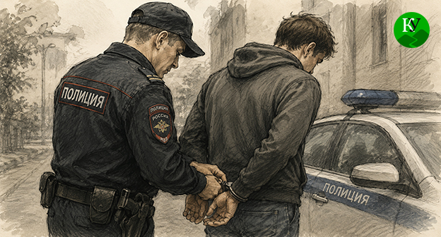Сотрудник полиции задерживает мужчину. Иллюстрация создана "Кавказским узлом" при помощи ИИ в программе Copilot