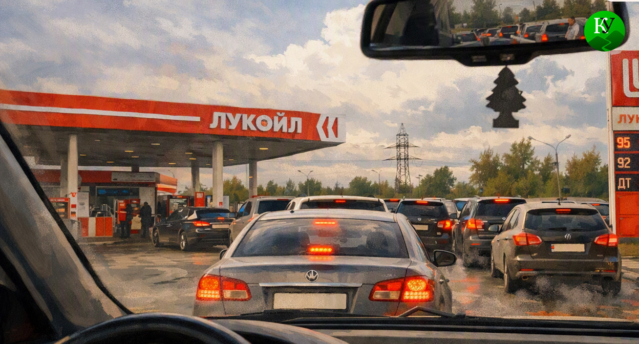 Очередь на заправке. Иллюстрация создана «Кавказским узлом» с помощью ИИ в программе Copilot