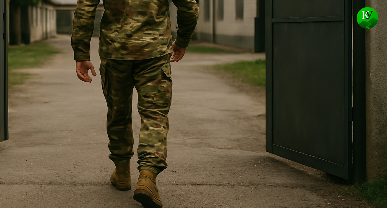 Военный покидает часть. Иллюстрация создана «Кавказским узлом» с помощью ИИ в программе Copilotл