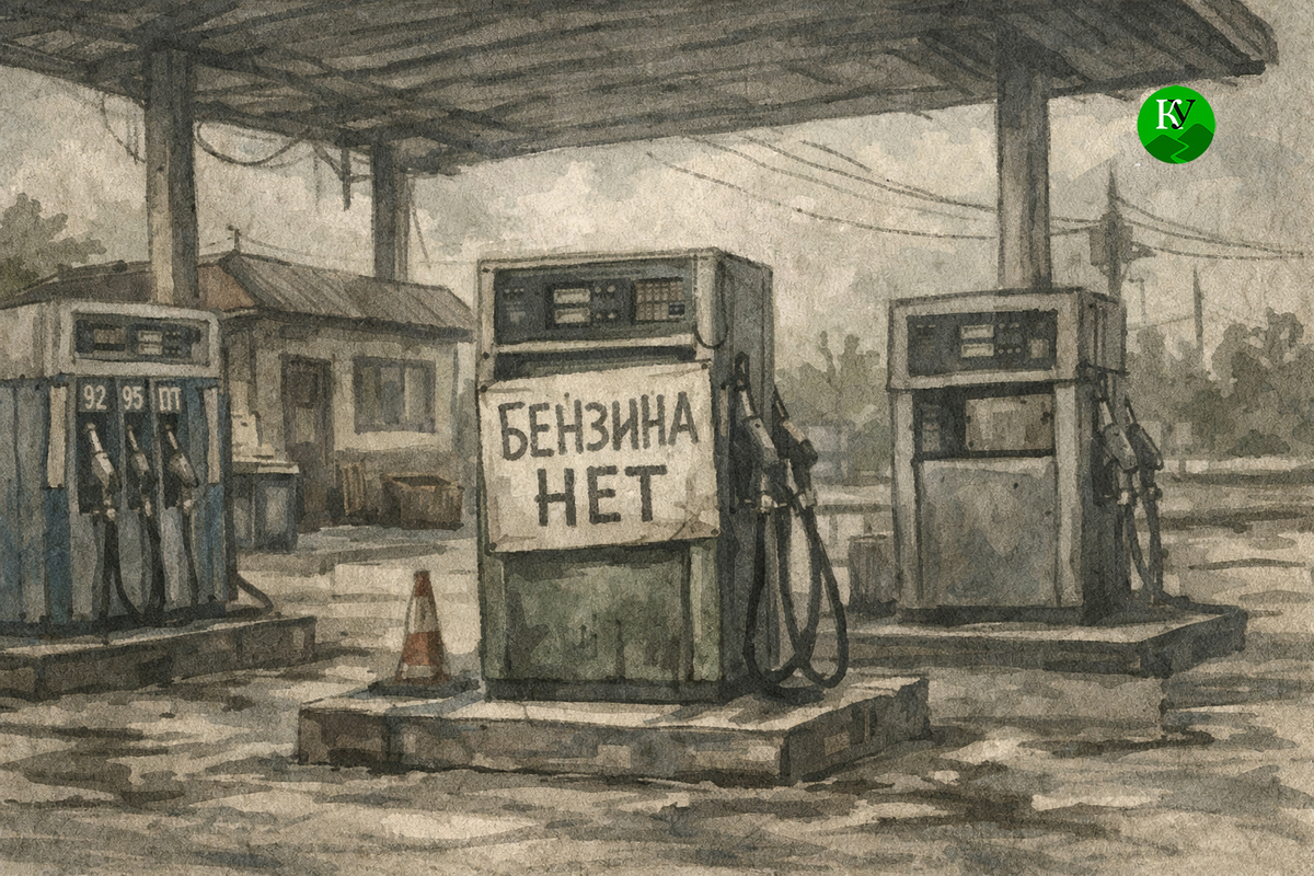 Объявление на АЗС об отсутствии бензина. Иллюстрация создана "Кавказским узлом" при помощи ИИ в программе Copilot
