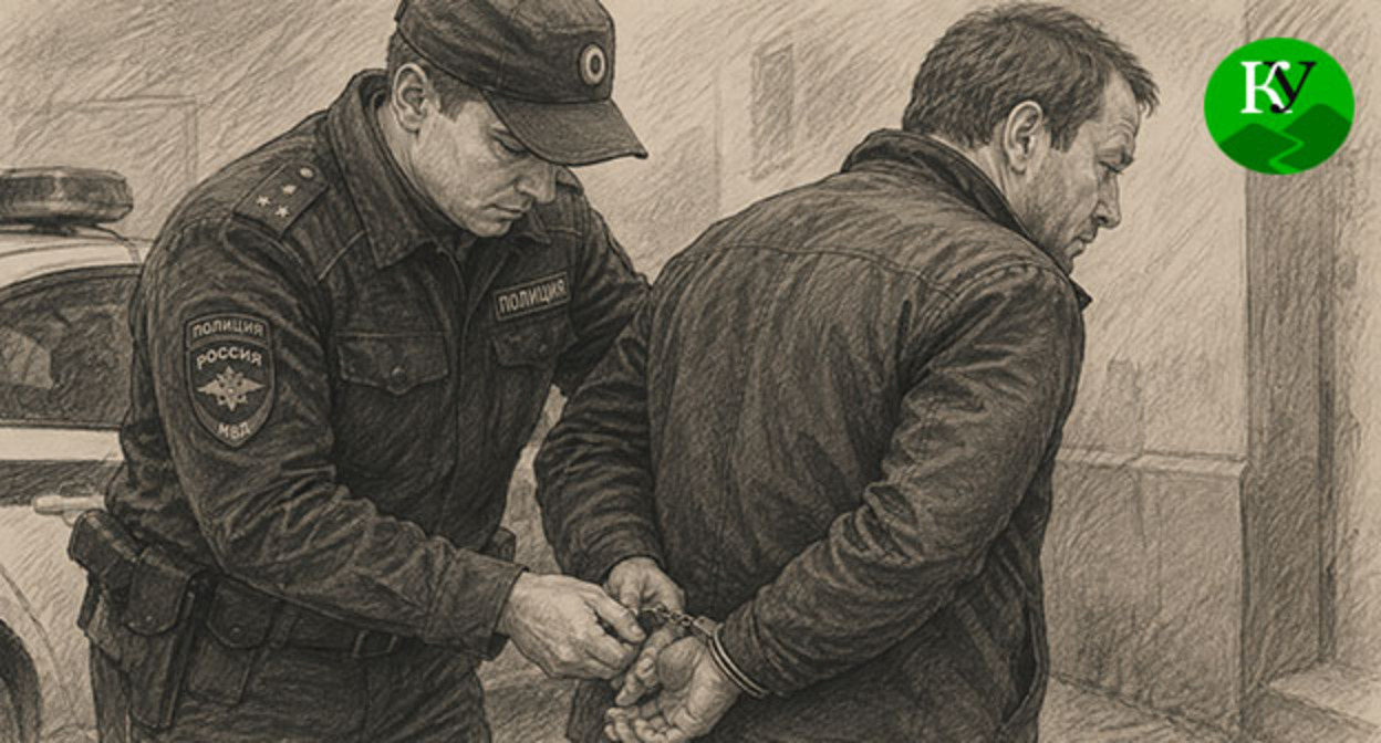 Сотрудник полиции арестовывает мужчину. Иллюстрация создана "Кавказским узлом" при помощи ИИ в программе Copilot