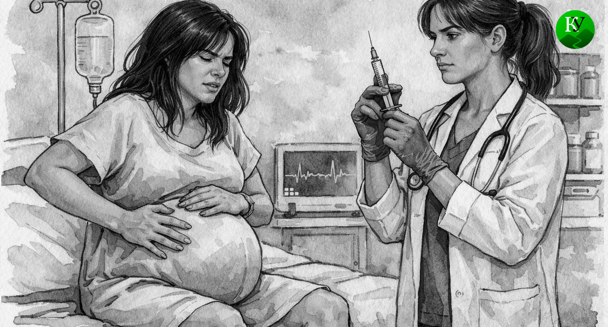Беременная девушка в больнице. Иллюстрация создана «Кавказским узлом» с помощью ИИ в программе Copilot