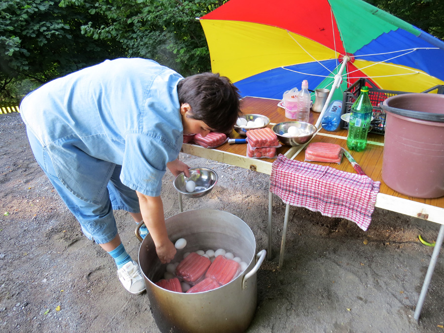 Марина приготовила на завтрак крутые яйца, сосиски, масло, сыр, творог, чай и пр.